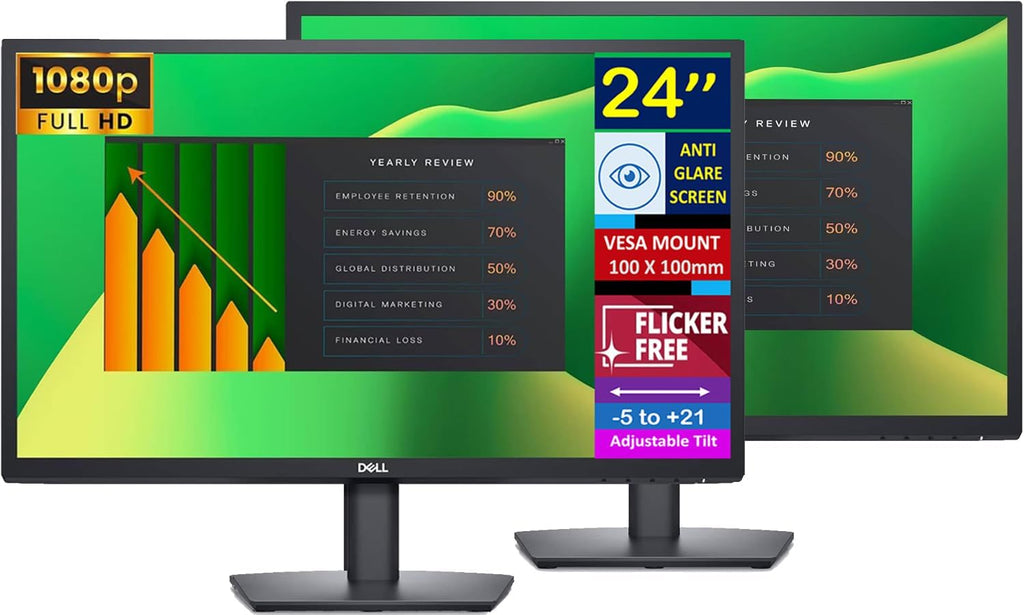 Dell 24" FHD VA (1920x1080) 60Hz Flicker Free Monitor, Anti-Glare Display, 1 x DisplayPort, 1 x VGA, VESA Mount (100x100mm), Ideal for Home & Business, Black Color (2025 Latest Model) (2 Pack)