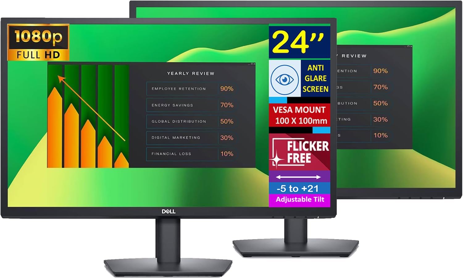 Dell 24" FHD VA (1920x1080) 60Hz Flicker Free Monitor, Anti-Glare Display, 1 x DisplayPort, 1 x VGA, VESA Mount (100x100mm), Ideal for Home & Business, Black Color (2025 Latest Model) (2 Pack)