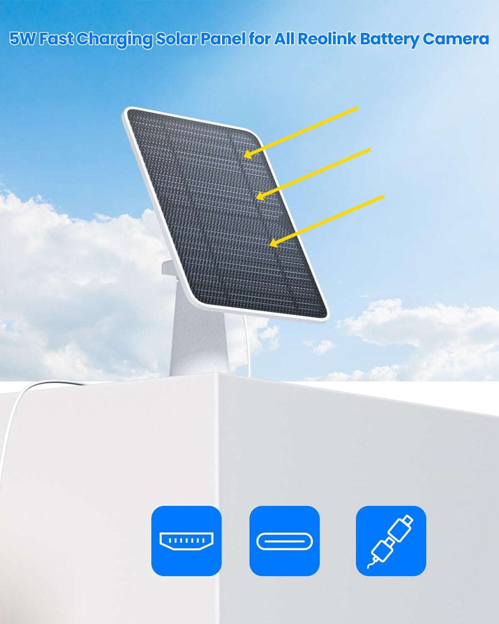 Solar Panel Charger Compatible with Reolink Argus 2E/Eco Ultra/Go PT Plus/Go Plus/Argus 3 Pro/Argus PT, 5W Solar Panels for Reolink Battery Camera, IP65 Waterproof 10ft Cable Secure Wall Mount, 3 Pack