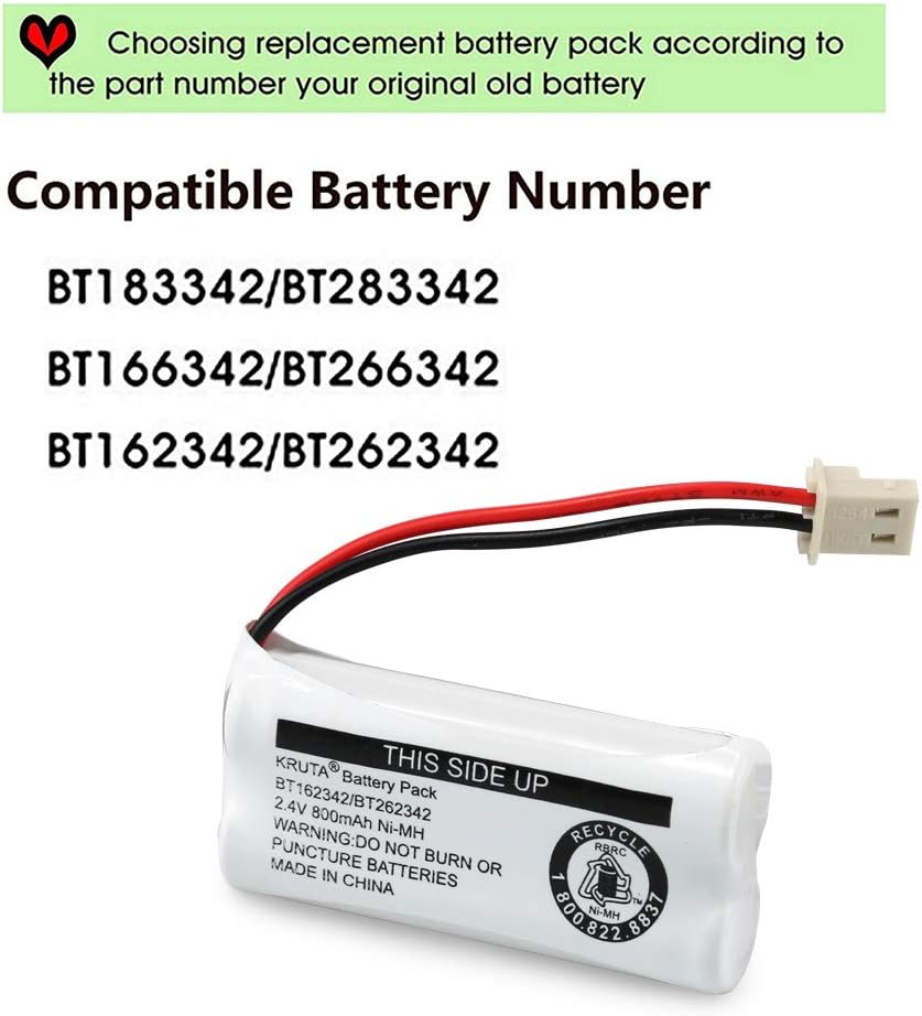 Kruta BT162342 BT262342 Cordless Phone Batteries Compatible with BT183342 BT283342 BT166342 BT266342 VTech CS6114 CS6419 CS6719 at&T EL52300 CL80111 Handset Telephone (Pack of 2)