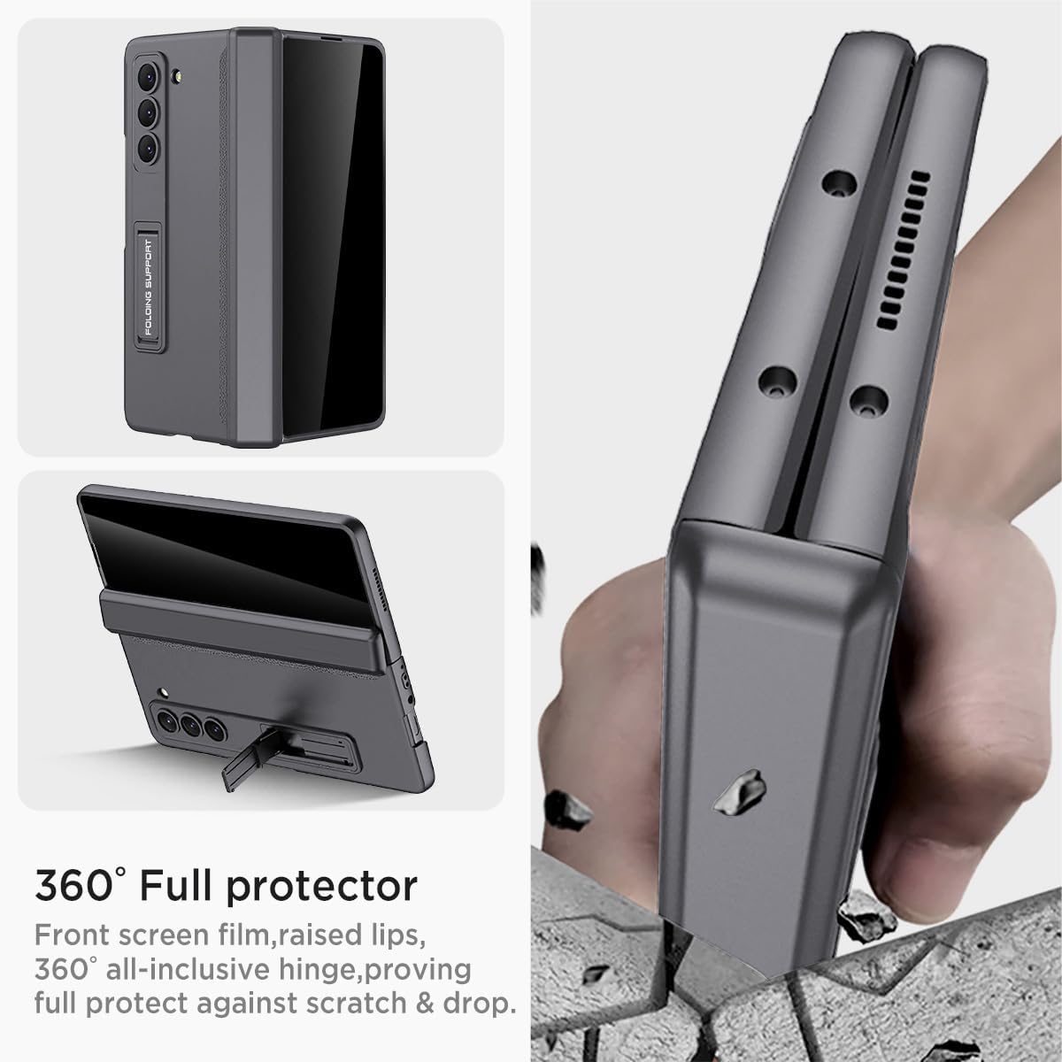 Miimall for Samsung Galaxy Z Fold 5 Case with Privacy Screen Protector, Built-in Adjustable Kickstand & Magnetic Hinge Protection All-Inclusive Protective Case for Galaxy Z Fold 5 5G(Grey)