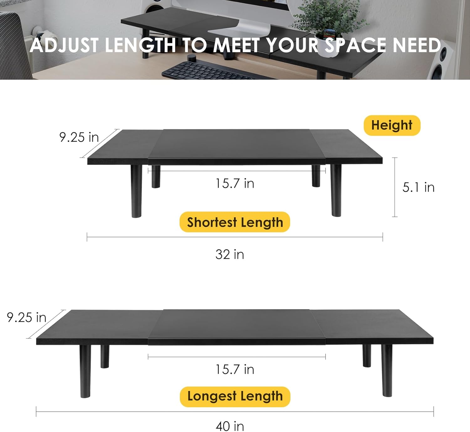 Dual-Monitor-Stand-Riser-For-Desk Adjustable Length 32-40 Inch，Large Desktop Computer Monitor Riser For 2 Screens，Desk Shelf Organizer Riser Stand For Computer/Laptop/PC/Printer/TV Black