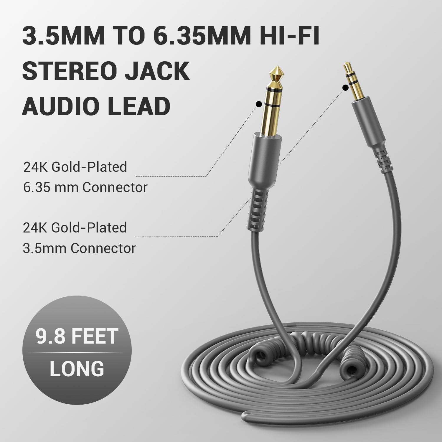 OneOdio 6.35mm to 3.5mm 6.6-9.8FT Stereo Adapter Cable Compatible with AMPs, Electronic Keyboards, Mixers, Guitars and Pro10/Pro30/Pro50 Headphones of OneOdio-Gray