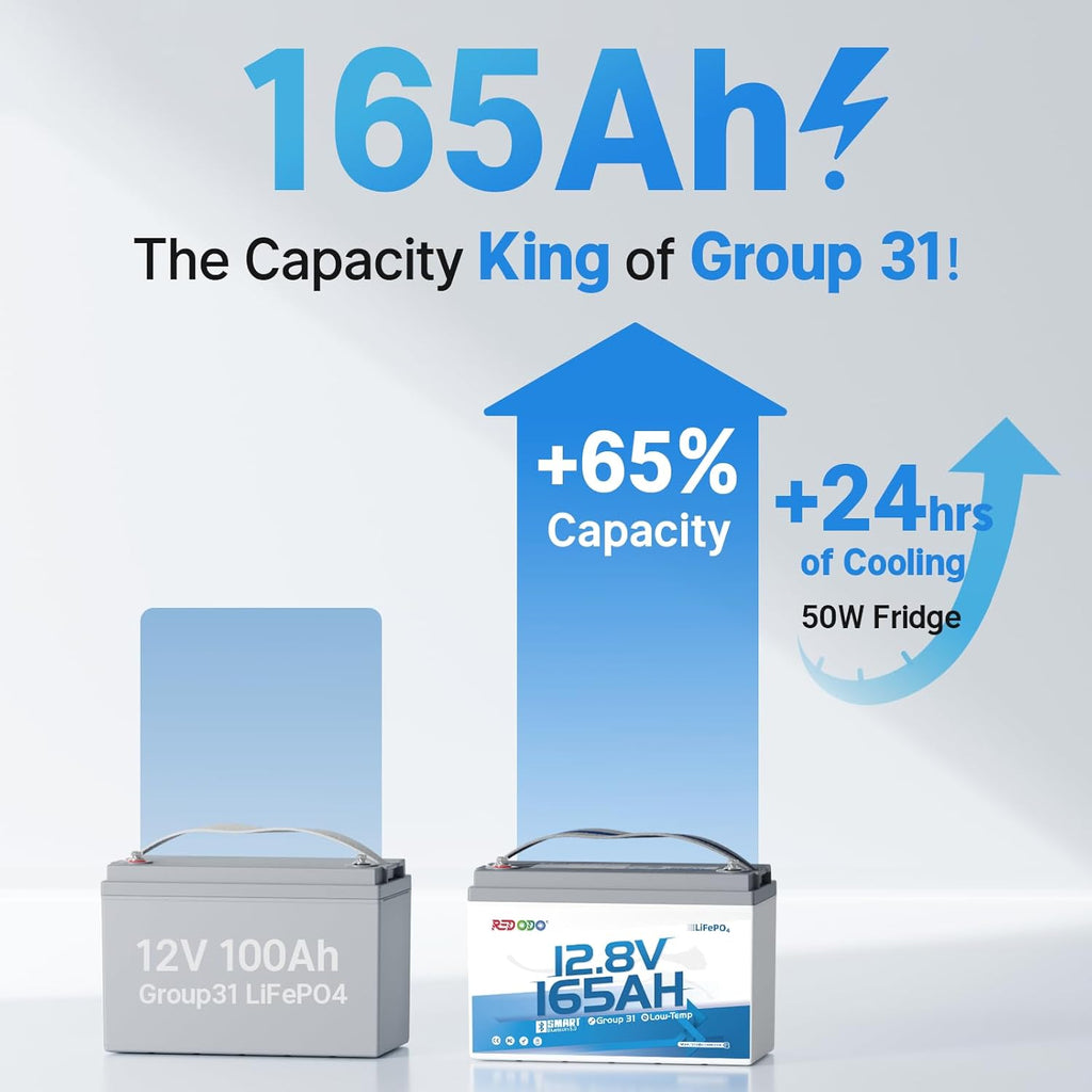 Redodo Group 31 Bluetooth LiFePO4 Battery 12V 165Ah, 2112Wh Max. Energy, 165A BMS with Low Temp Protection, Perfect for RV, Marine, Solar