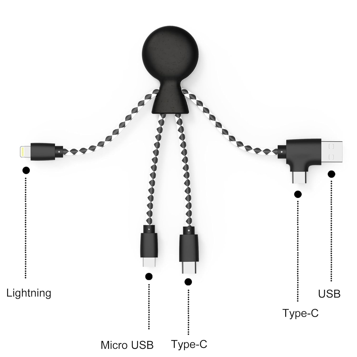 Mr Bio 4 in 1 Multi USB Cable Octopus Design Black - Universal Recycled Plastic Charger - USB Plug - USB-C - Lightning - Micro USB for Universal Smartphone
