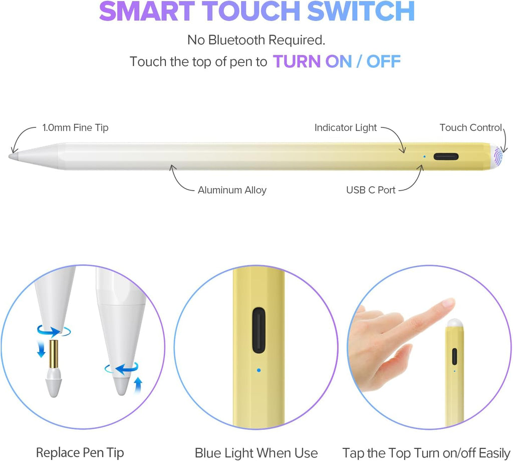 Stylus Pen for iPad 6th-11th Generation-2X Fast Charge Active Pencil Compatible with 2018-2025 Apple iPad Pro 11"/12.9"/M4, iPad Air 3/4/5/M2/M3,iPad Mini 5/6 Gen-Gradient White Yellow