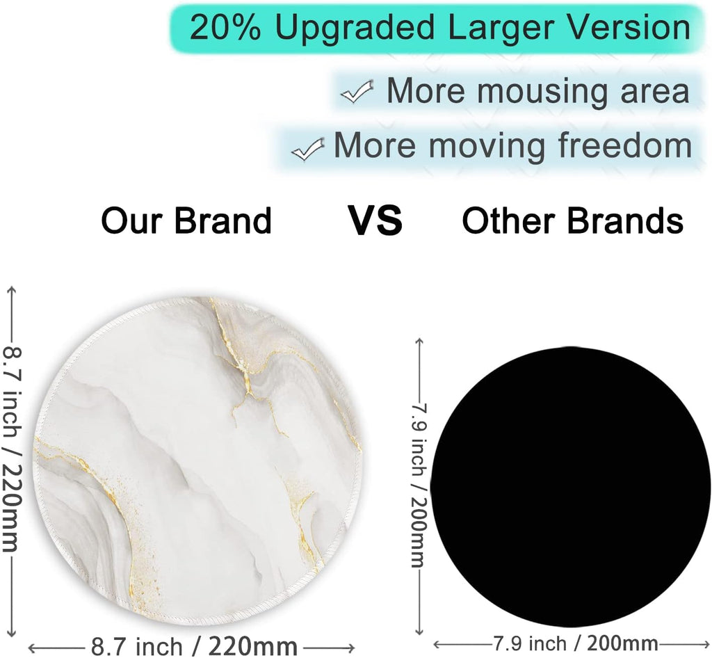 ITNRSIIET Round Mouse Pad with Stitched Edge Premium-Textured Waterproof Non-Slip Rubber Base Desktop Protection Mat Diameter 8.7 inches, White marbling