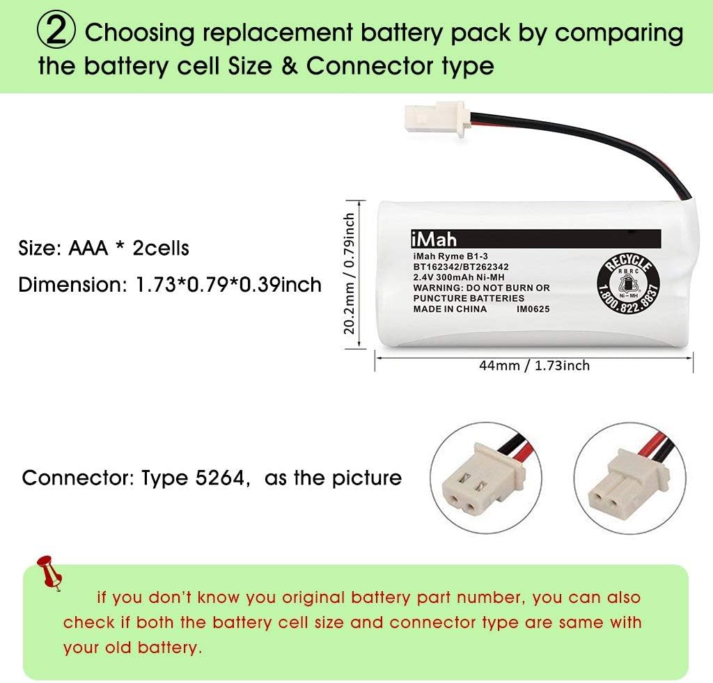 iMah BT162342 BT262342 Cordless Phone Batteries Compatible with BT183342 BT283342 BT166342 BT266342 VTech CS6114 CS6419 CS6719 AT&T EL52300 CL80111 Handset Telephone (Pack of 2)