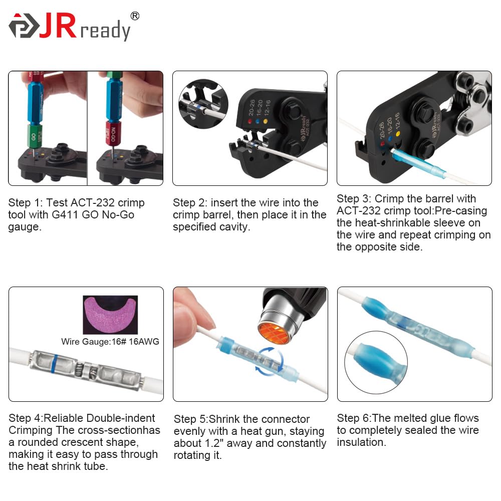 JRready ST6488-20-100 Heat Shrink Butt Splice Connectors 100 Sets 26-20AWG Butt Crimp Splices with PVDF Tubes Waterproof Environmental Splice Connectors with ACT-232 Crimp Tool G411 Go-No Go Gauge