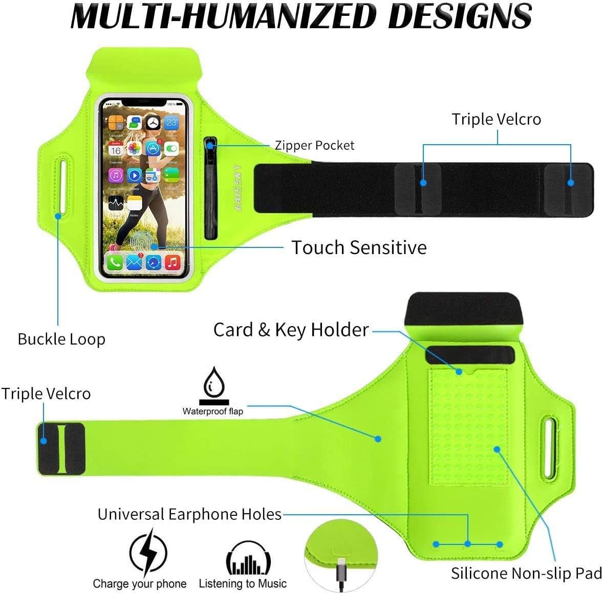 Cell Phone Running Armband with Zipper Pocket Armband Case Running Holder for iPhone 16 Pro Max/15/14 Pro Max/13/12 /11 Pro Max/XS/XR,Galaxy S20 S10,Sweatproof Arm Band with Card/Key Bag