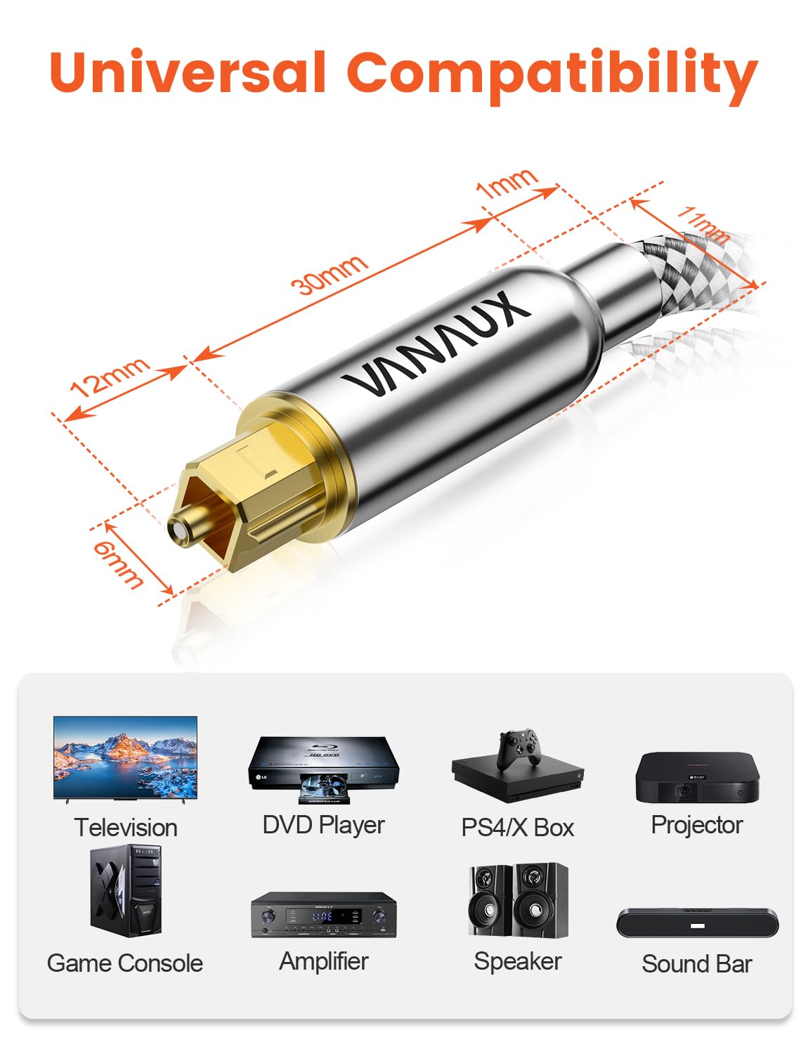 VANAUX Digital Optical Audio Cable 49FT (24K Gold Plated Connectors, Aluminum Alloy Shell,Braided Jacket) S/PDIF Toslink Cable Fiber Optic Cable for Home Theater, Soundbars, Gaming Consoles