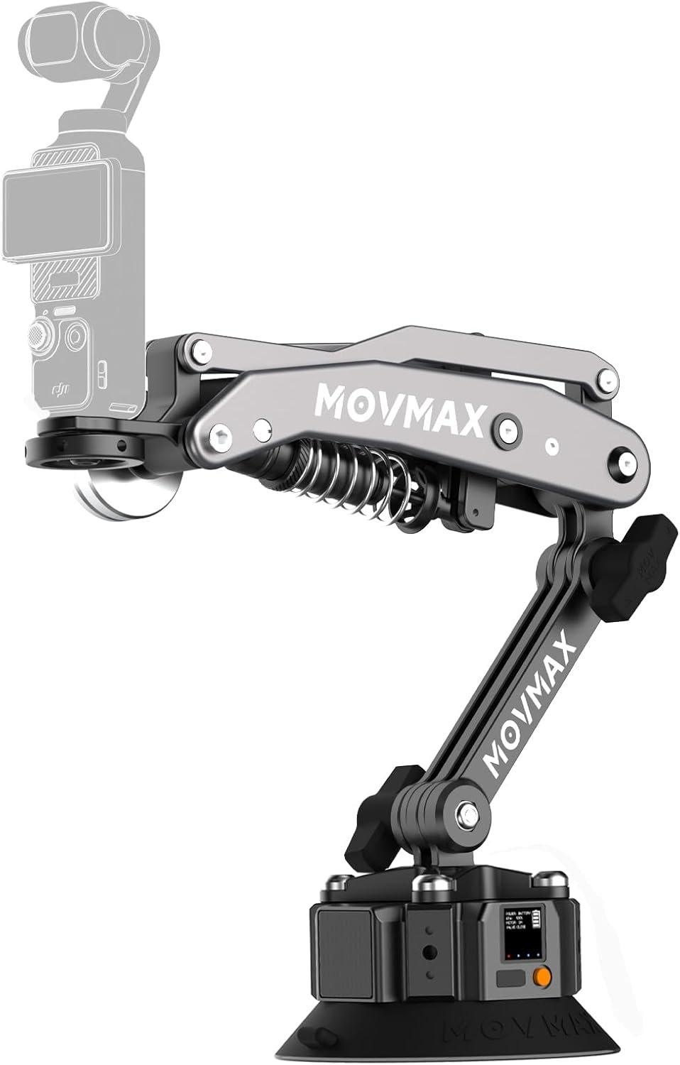 MOVMAX Blade Arm Solar Powered Electronic Suction Kit, Shock Absorber Arm Car Mount for DJI Pocket 3, GoPro Hero 13, 360 Action Cameras with Auto Pressure Detection & LCD Display, Pocket 3 Accessories