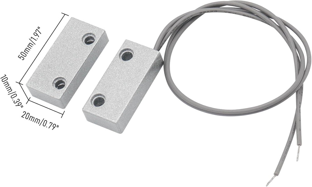 Magnetic Reed Switch Wired Surface Mount Normally Closed NC Contact Sensor Alarm Magnetic Door Switch with 2 Wires, Zinc Alloy Sliver, MC-52