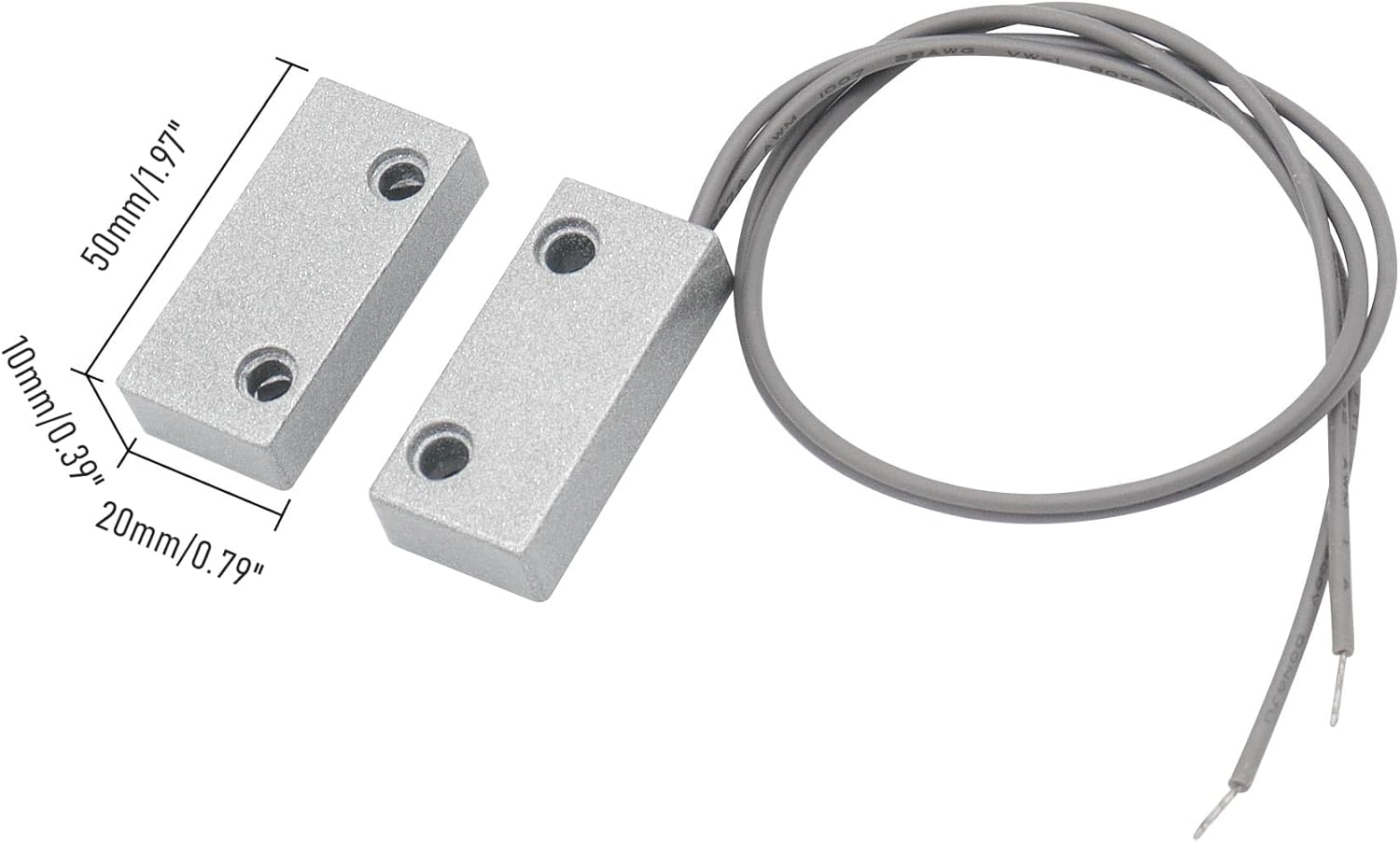 Magnetic Reed Switch Wired Surface Mount Normally Open NO Contact Sensor Alarm Magnetic Door Switch with 2 Wires, Zinc Alloy Sliver, MC-52