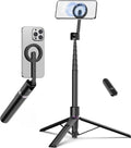 68" Magnetic Selfie Stick Tripod with Rechargeable Detachable Remote for Magsafe, Portable Small Extendable Phone Stand Tripods with Metal Ring, 360° Rotation for Vlog/Live Stream/Travel/Black