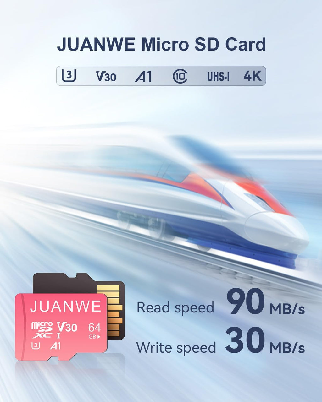 JUANWE 64GB Micro SDXC Card, UHS-I C10 U3 V30 4K UHD Video A1 TF Card with Adapter (Pink)