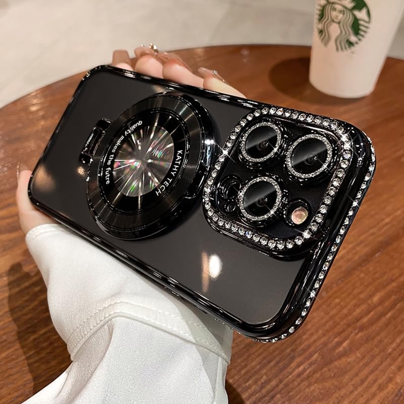 Magnetic Kickstand (Glitter Lens Protector ) Case for iPhone 16 15 14 13 Pro Max (Compatible with Magsafe ) Sparkling Diamond Cover Glitter Shiny Rhinestone Cases (Black,for iPhone 16 Plus)