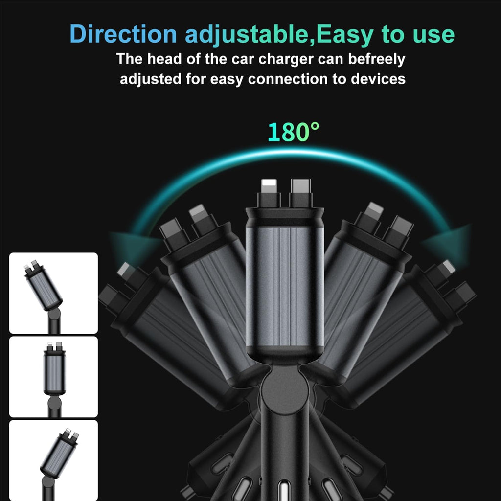 Upgraded Starlight Retractable Car Charger Adapter,4 in 1 Fast Charging Car Phone Charger,69W USB C Car Truck Accessories,Road Trip Essentials Gift for Men Women for iPhone 16/15/14/13/12,Galaxy,Pixel