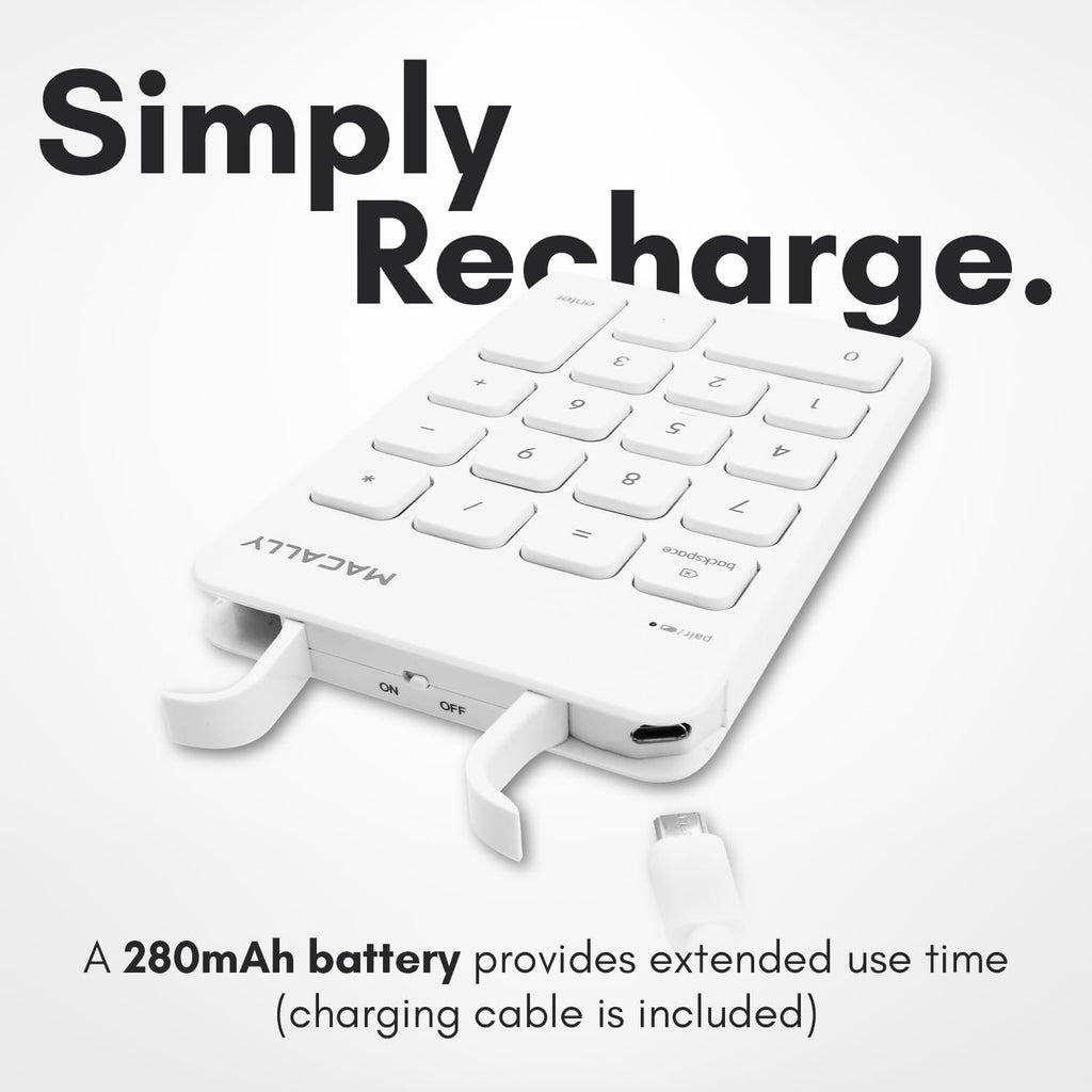 Macally Bluetooth Number Pad for Laptop, Apple, Mac, iMac, MacBook Pro/Air, Ipad, Windows PC, Tablet, or Desktop Computer - Rechargeable 18 Key Wireless Numeric Keypad - White Bluetooth 10 Key Numpad