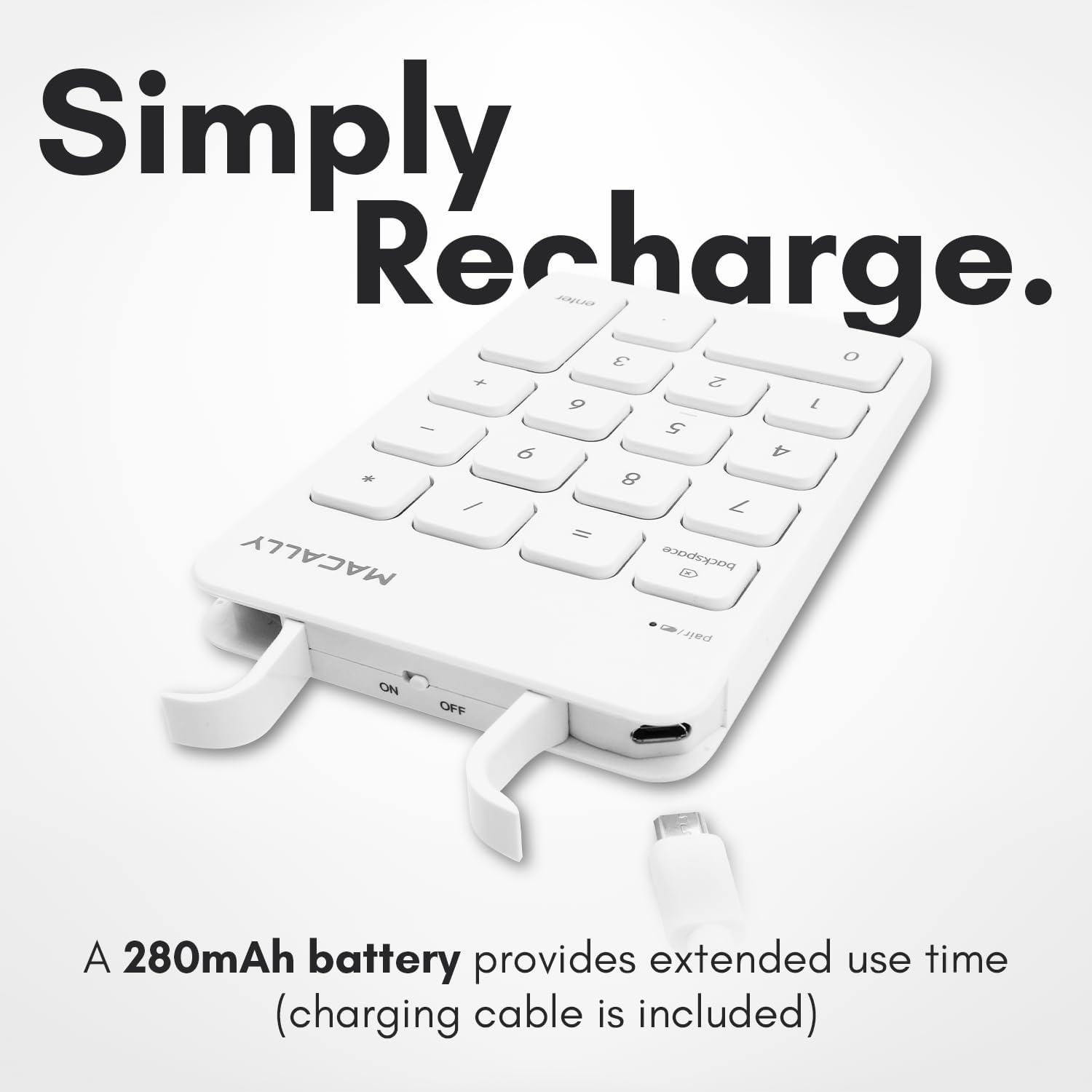 Macally Bluetooth Number Pad for Laptop, Apple, Mac, iMac, MacBook Pro/Air, Ipad, Windows PC, Tablet, or Desktop Computer - Rechargeable 18 Key Wireless Numeric Keypad - White Bluetooth 10 Key Numpad
