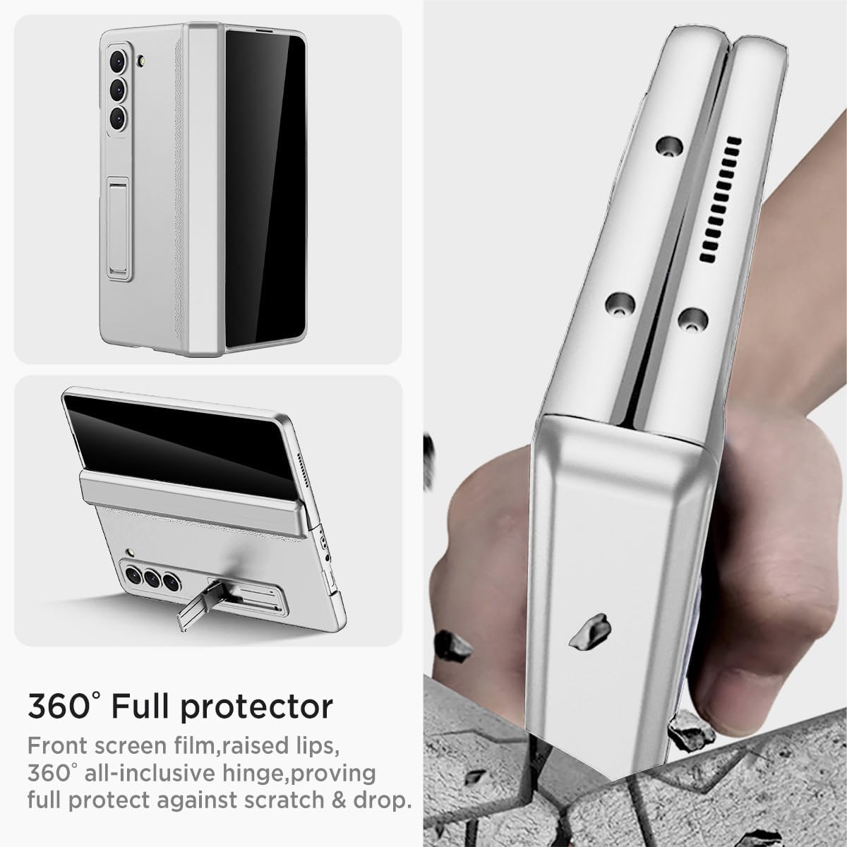 Miimall for Z Fold 6 Case with Privacy Screen Protector, [Military Grade Drop Protection] Built-in Adjustable Kickstand & Magnetic Hinge Protection Shockproof Phone Case for Galaxy Z Fold 6 5G Silver