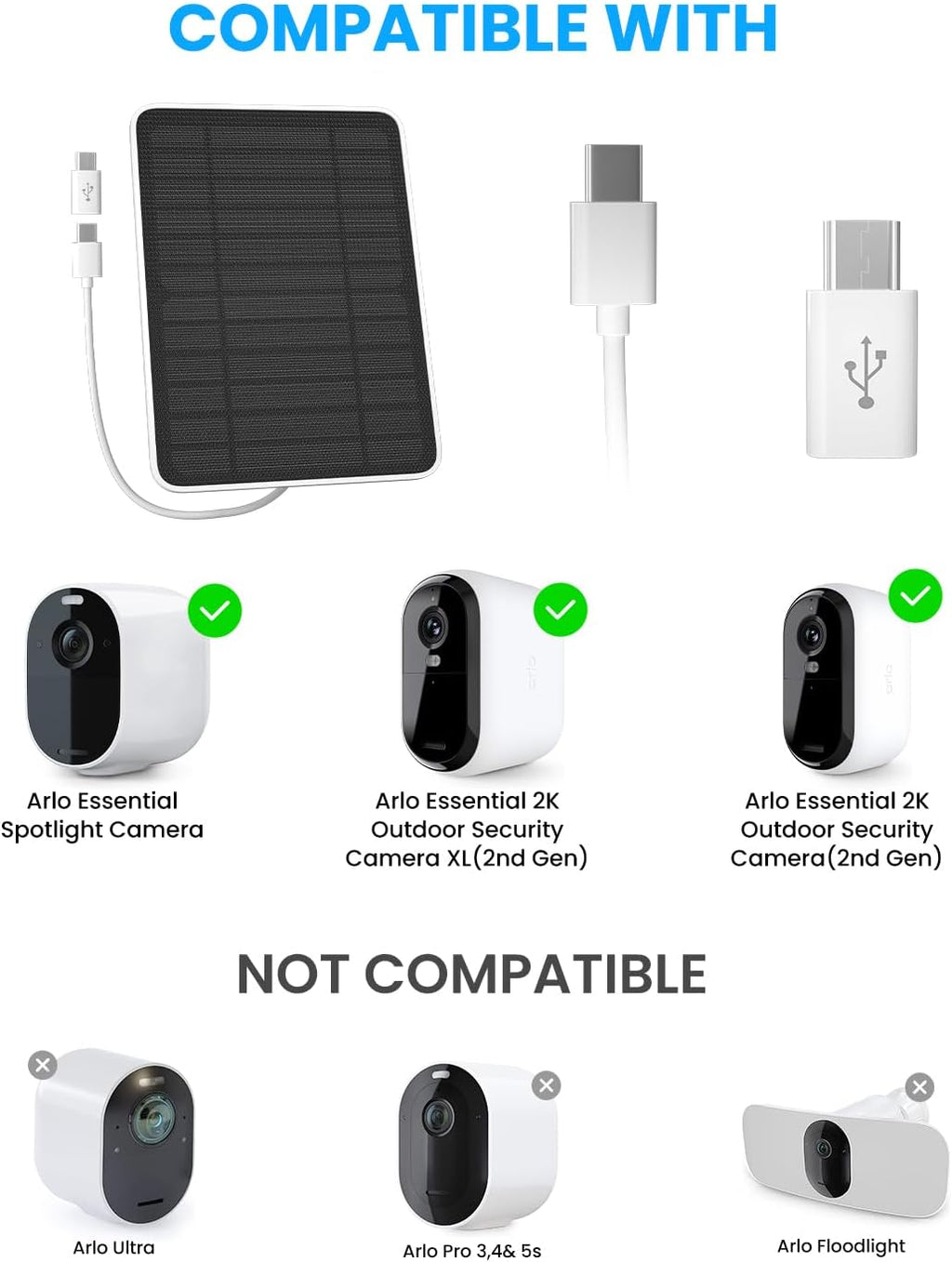 Solar Panel Charger Compatible with Arlo Essential 2K Outdoor(2nd Gen)/Essential XL Camera(2nd Gen)/Essential Spotlight, 5W Solar Panel with IP65 Waterproof 10ft Micro USB-C Cable & Wall Mount, 2 Pack