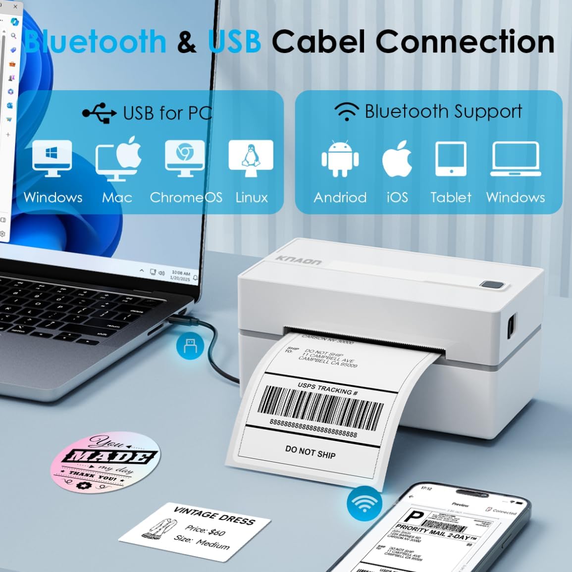 Bluetooth Thermal Shipping Label Printer, 4x6 Portable Thermal Address Label Printer for Small Business, Compatible with iPhone,Android,Windows,Mac,Chromebook –Works with Ebay Shopify USPS&More