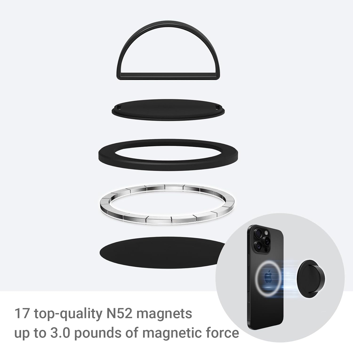 Grat 3 Lite Magnetic Phone Loop, [Nylon-core Silicone Strap] 360° Rotatable Phone Grip, Detachable Finger Holder Compatible with Magsafe for iPhone 16 15 14 13 12 Pro/max, Black