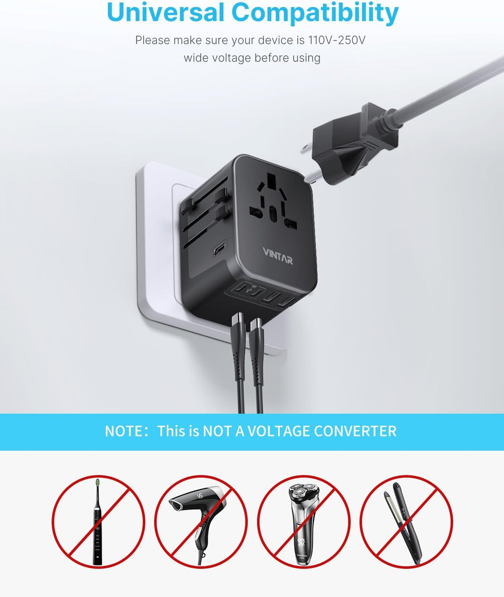 Universal Travel Adapter, VINTAR International Power Adapter with 6A 3 USB C and 2 USB Ports, All in One Travel Essentials Plug Adapter, Worldwide Outlet Converter for Europe UK USA AUS(Type C/G/A/I)