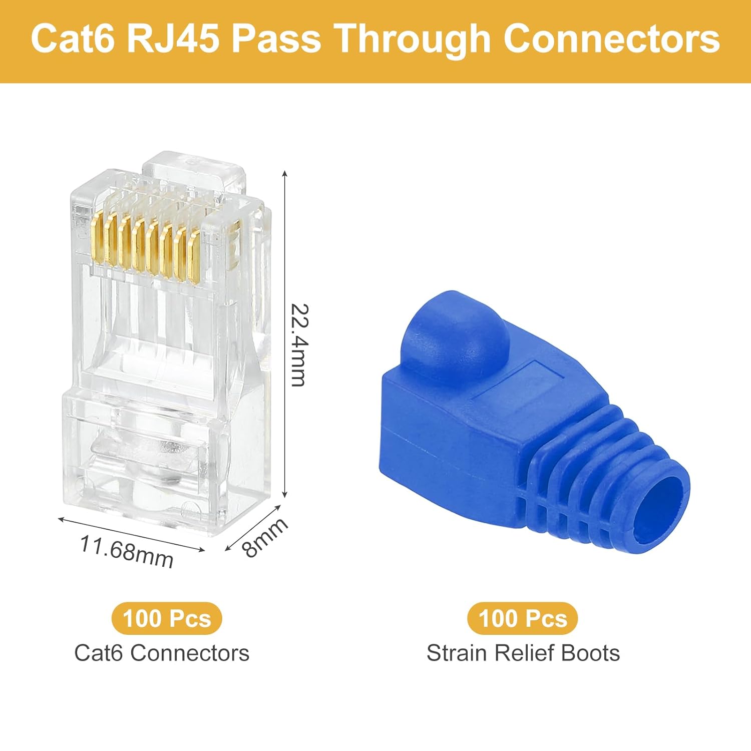 MECCANIXITY 100pcs Cat6 RJ45 Pass Through Connectors, RJ45 Connector 8P8C Gold Plated Plugs with 100pcs Blue Strain Relief Boots for Solid or Stranded UTP Ethernet Cable, 1.1mm