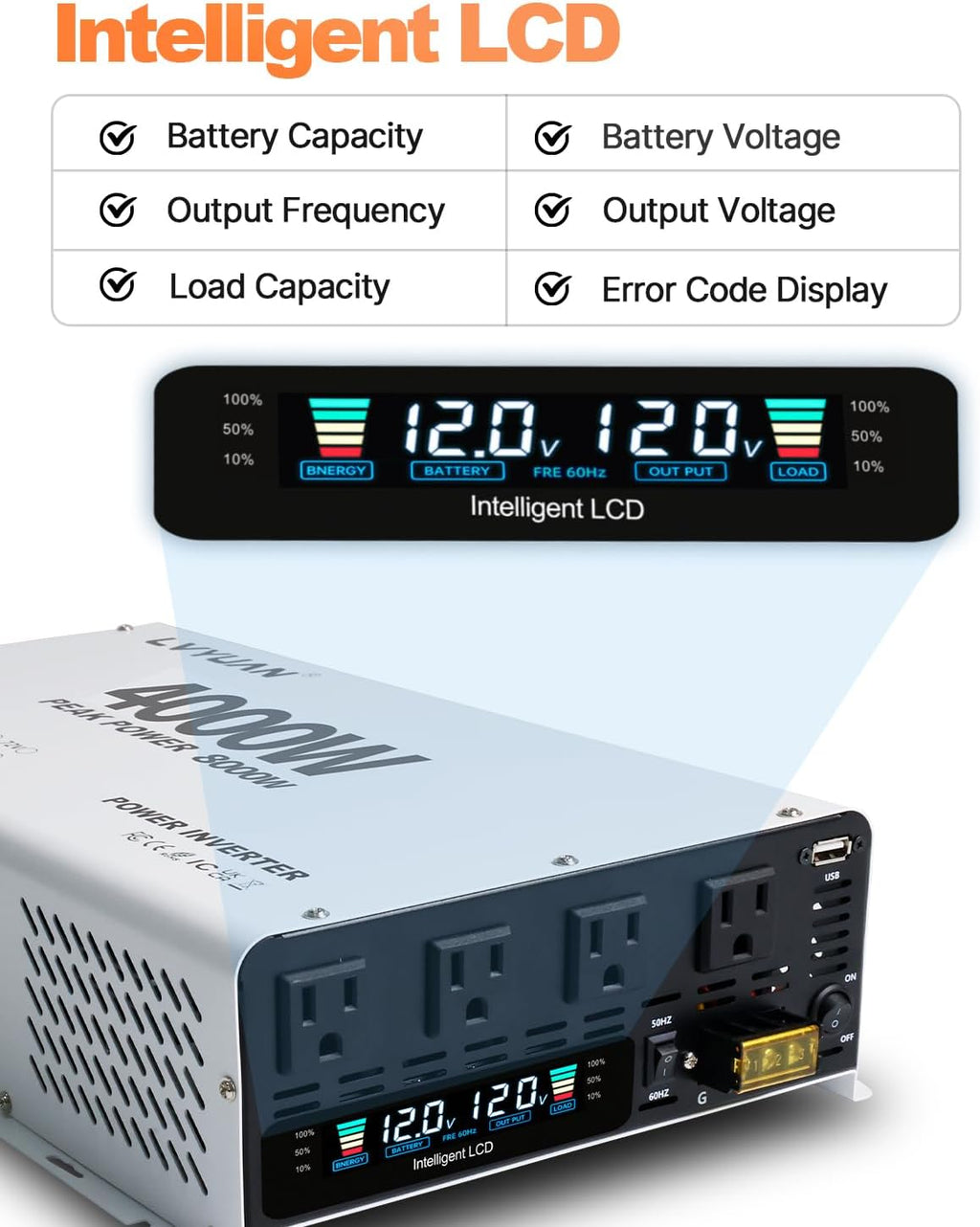 LVYUAN 4000 Watt Power Inverter 12V to 110V 120V DC to AC Converter with 4 AC Outlets, LCD Display, USB Charge Port, Remote Control for Home RV Vehicle Outdoor Camping Car Power Inverter