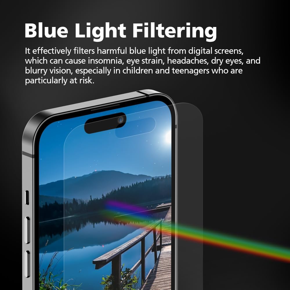 3-Pack Anti-Blue Light Matte Screen Protector For iPhone 16 [Support Fingerprint Unlock] Anti-Glare, Anti-Fingerprint [Eye Protection] Bubble-Free Installation with Alignment Jig