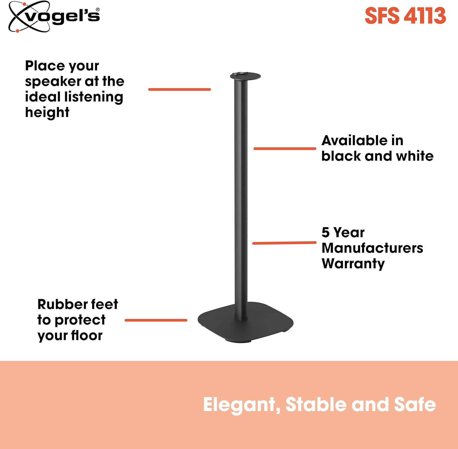 Vogel's SFS 4113 Speaker Floor Stand for Sonos ERA 100, Cable Inlay System, Height: 32,3 inch (82 cm), Exceptionally Stable, Black, 1 Floor Stand