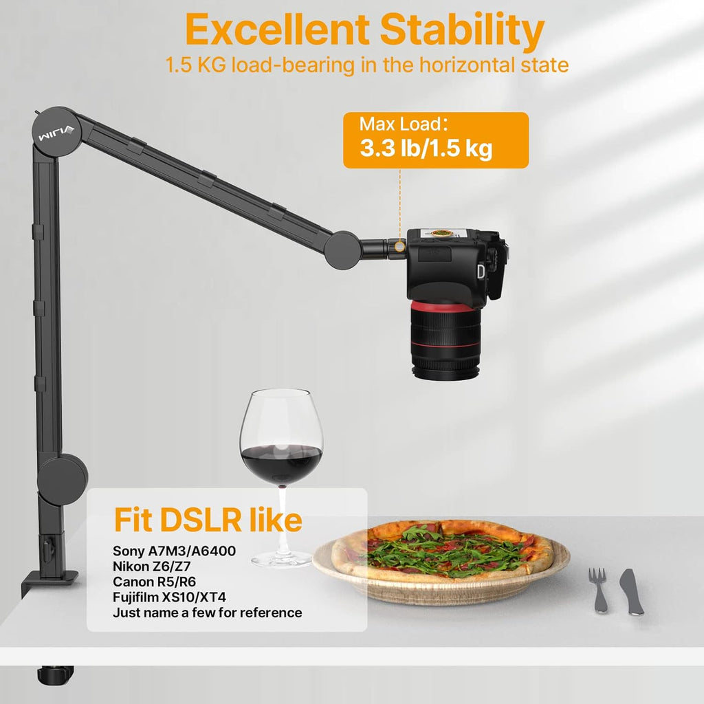 PICTRON VIJIM LS25 Camera Desk Mount, Flexible Overhead Webcam Stand with Boom Arm, Table C-Clamp Suitable for Photography Videography Live Stream