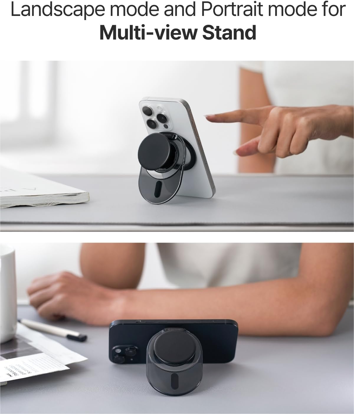 Sinjimoru Phone Grip Stand, Compatible with MagSafe, Adaptor Ring Included, 3000G Kickstand for iPhone 16/15/14/13/12. M-Tap Tok Stand Clear Black