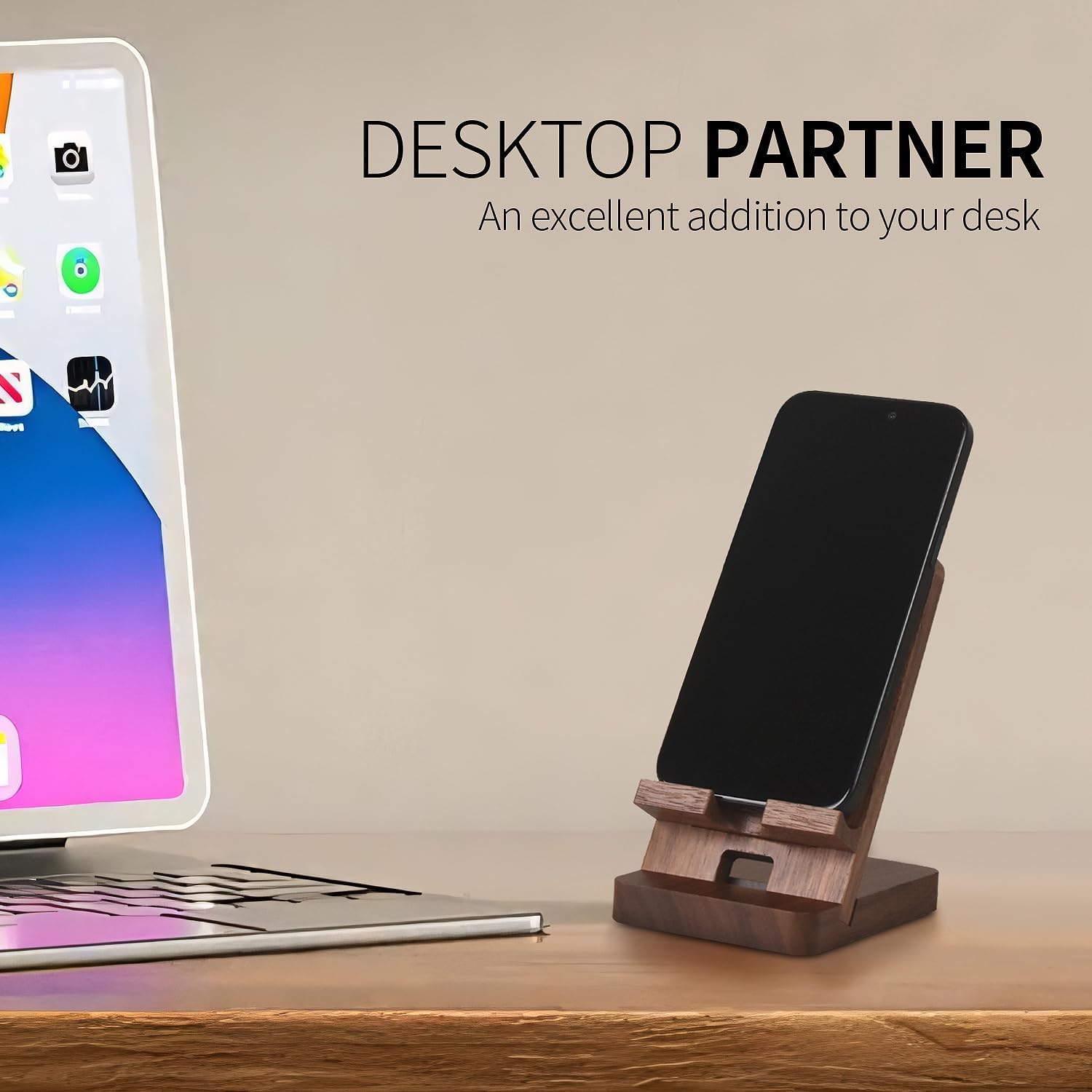 Wood Phone Stand, Desktop Wooden Phone Holder, Portable Office Phone Stand for Desk, Wood ipad Stand， Compatible with iPhone & All Cell Phones (Walnut)