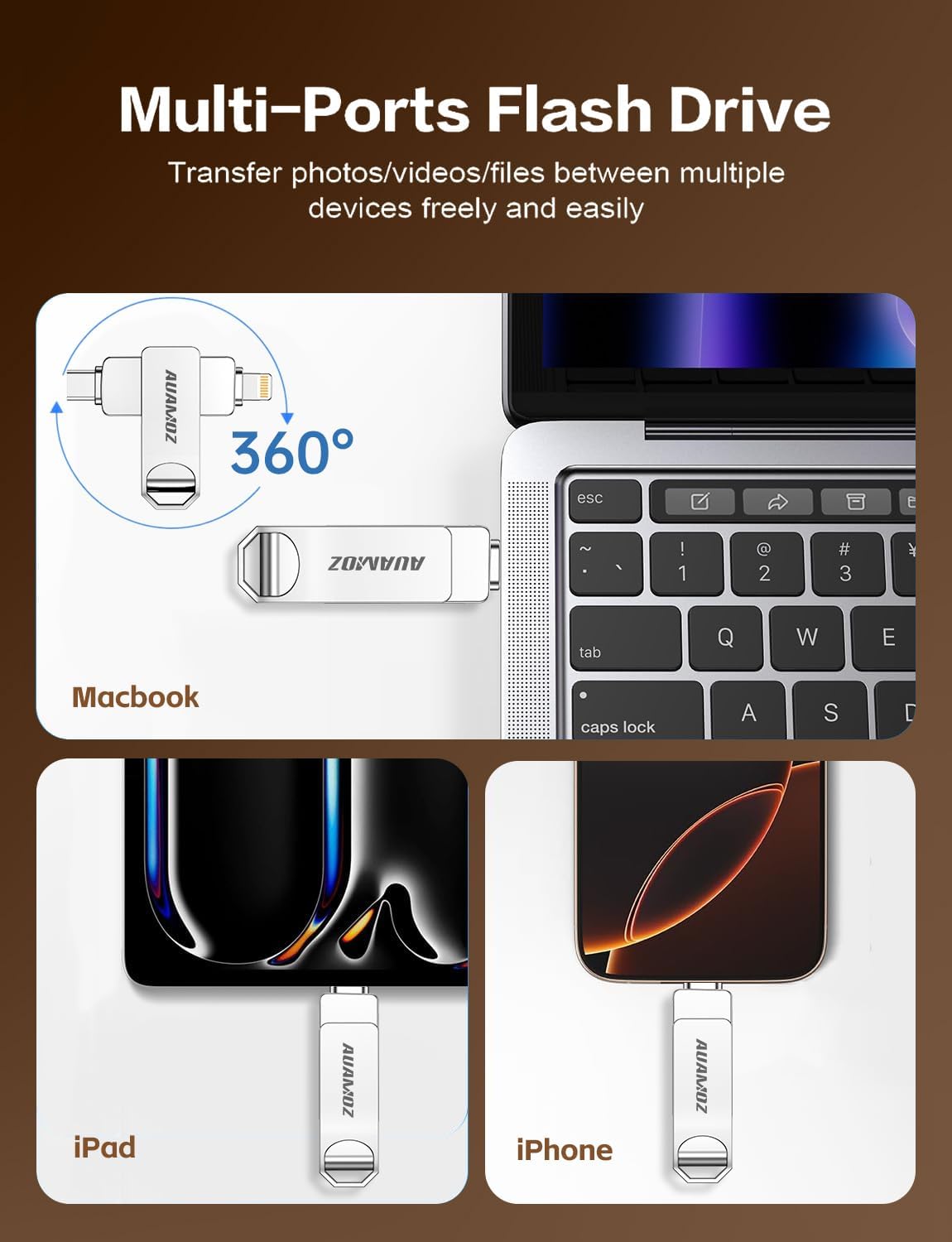 256GB Flash Drive Intended for iPhone, Memory Stick Storage Files Photos Videos Backup, Compatible with iPhone iPad Android PC, Plug and Play, No Application Required (Metal Silver)