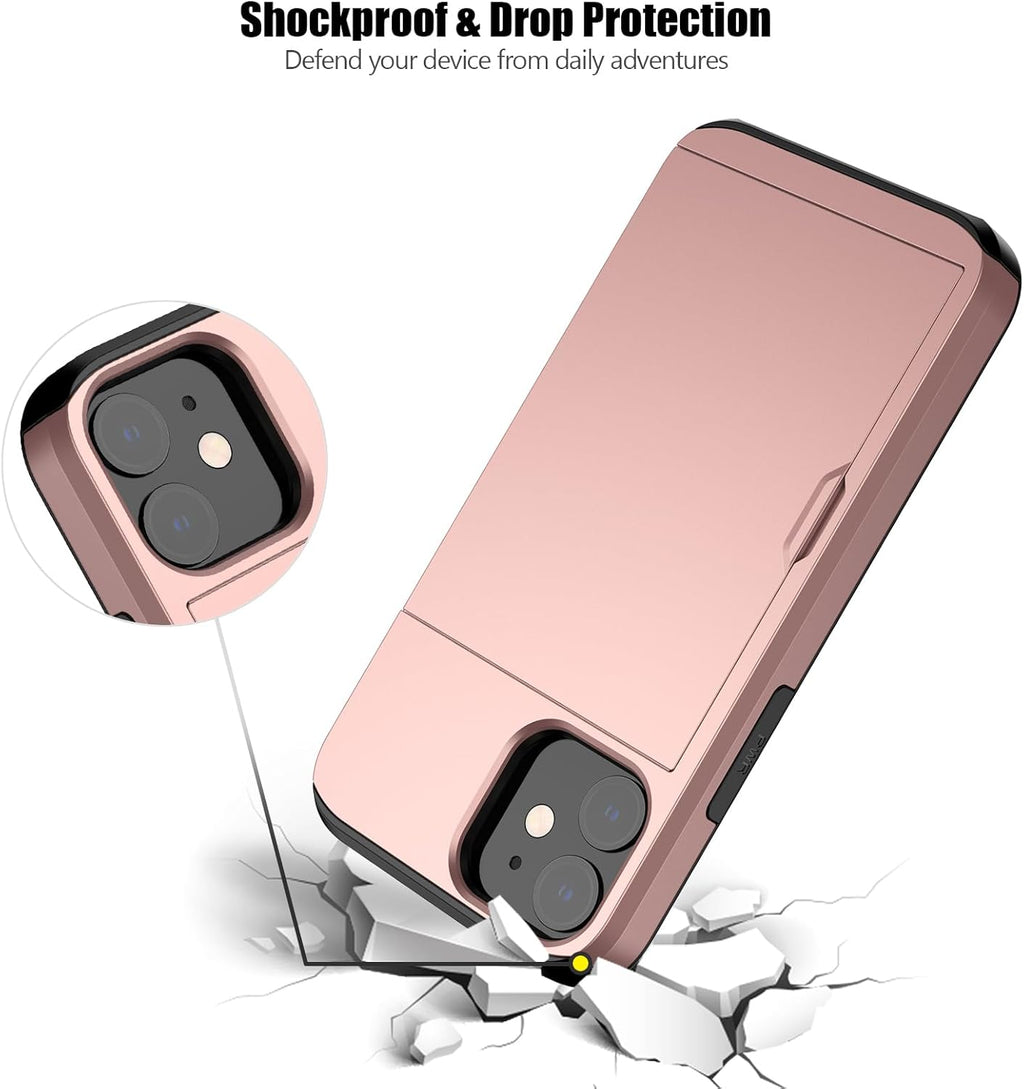 Nvollnoe for iPhone 12 Mini Case with Card Holder Heavy Duty Protective Dual Layer Shockproof Hidden Card Slot Slim Wallet Case for iPhone 12 Mini for Men&Women(Rose Gold)