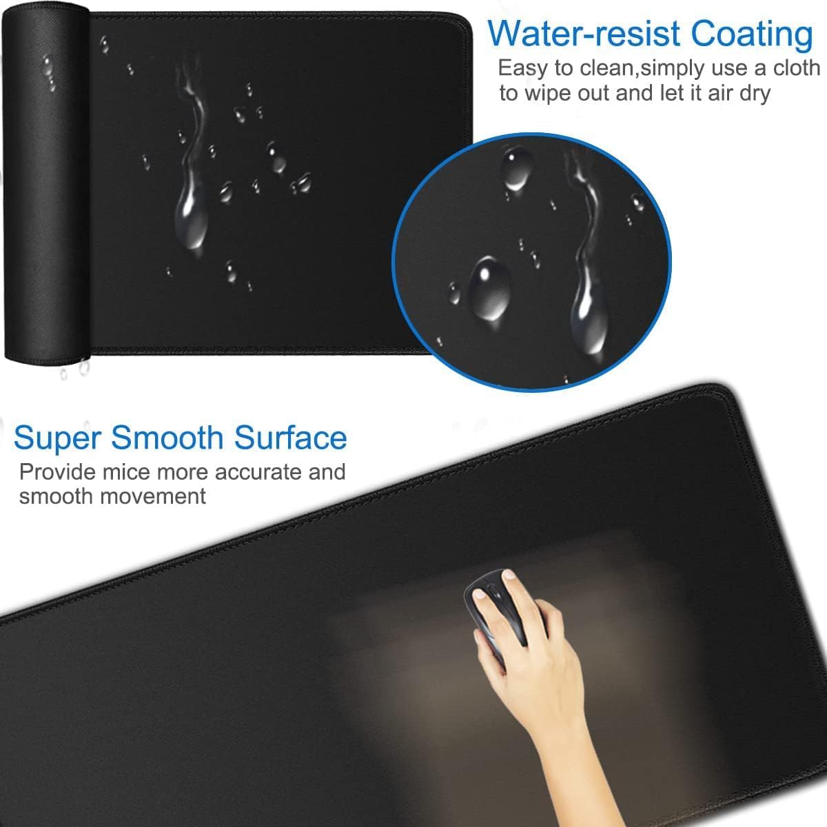 Large Extended Gaming Mouse Pad, Water Resist Non-Slip Mousepad Rubber Base Long Desk Mouse Pad with Stitched Edges, Computer Keyboard Mouse Mat for Gaming, Office & Home, 31.5 x 11.7 in, Black