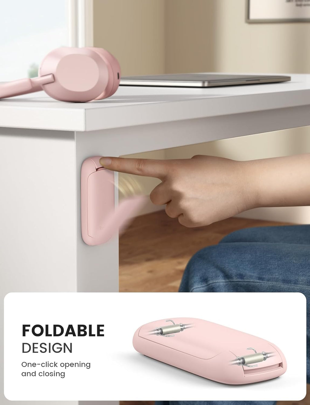 Lamicall Headphone Stand, Sticky Headset Holder - Foldable Headphone Holder Hook Mount, Adhesive Headset Hanger Clip Under Desk, Earphone Clamp for Airpods Max, HyperX, Sennheiser, Pink