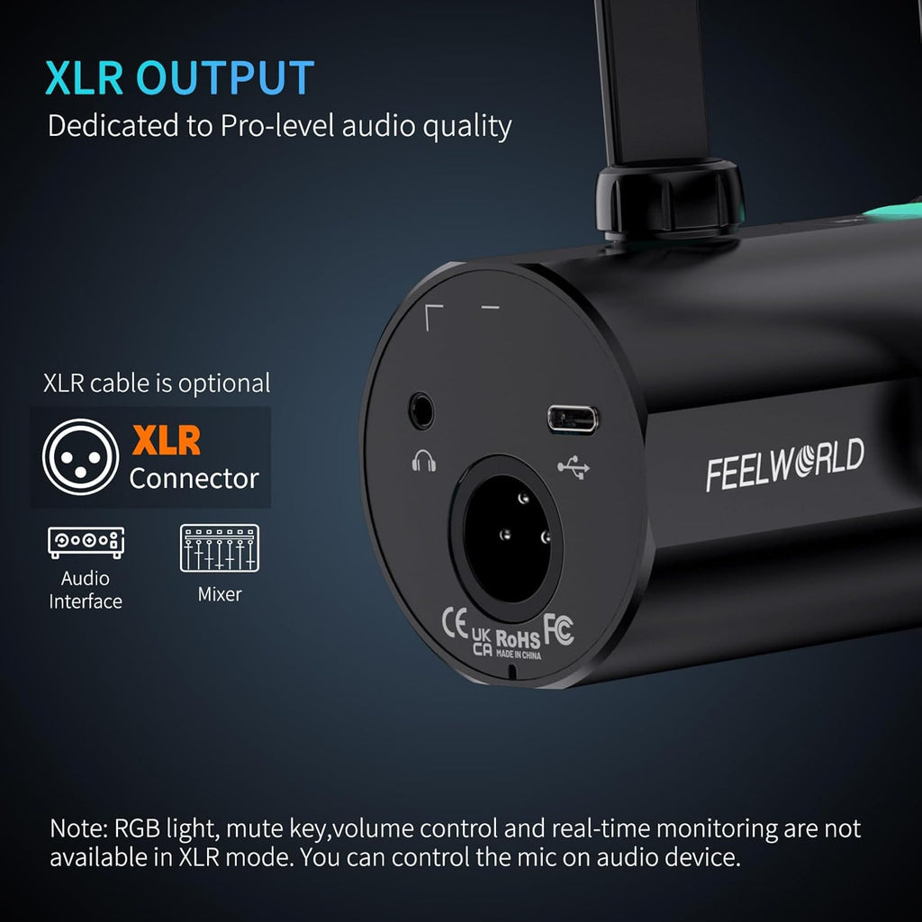 FEELWORLD PM1 XLR USB Dynamic Microphone with Desktop Stand Gifts for Podcast Recording PC Computer Gaming Live Streaming Vocal Voice-Over, Studio Metal Mic, RGB Light, Mute Button, Headphones Jack