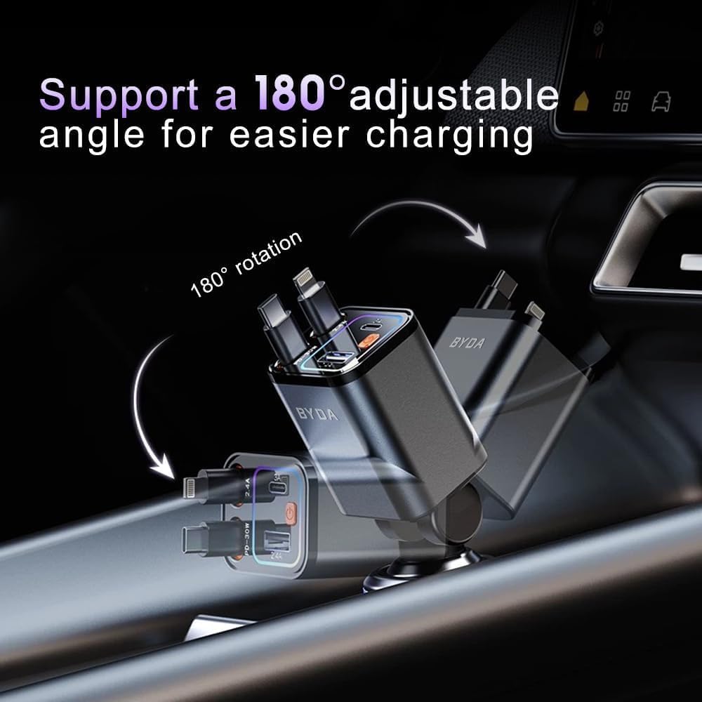 [2025 Mirco-Version] 4 in 1 Retractable Car Charger,69W Car Charger USB C,Cigarette Lighter Adapter,Fast Charging for iPhone 16e/16/15/14,13,Android (Orange, for Lightning+USB-C)