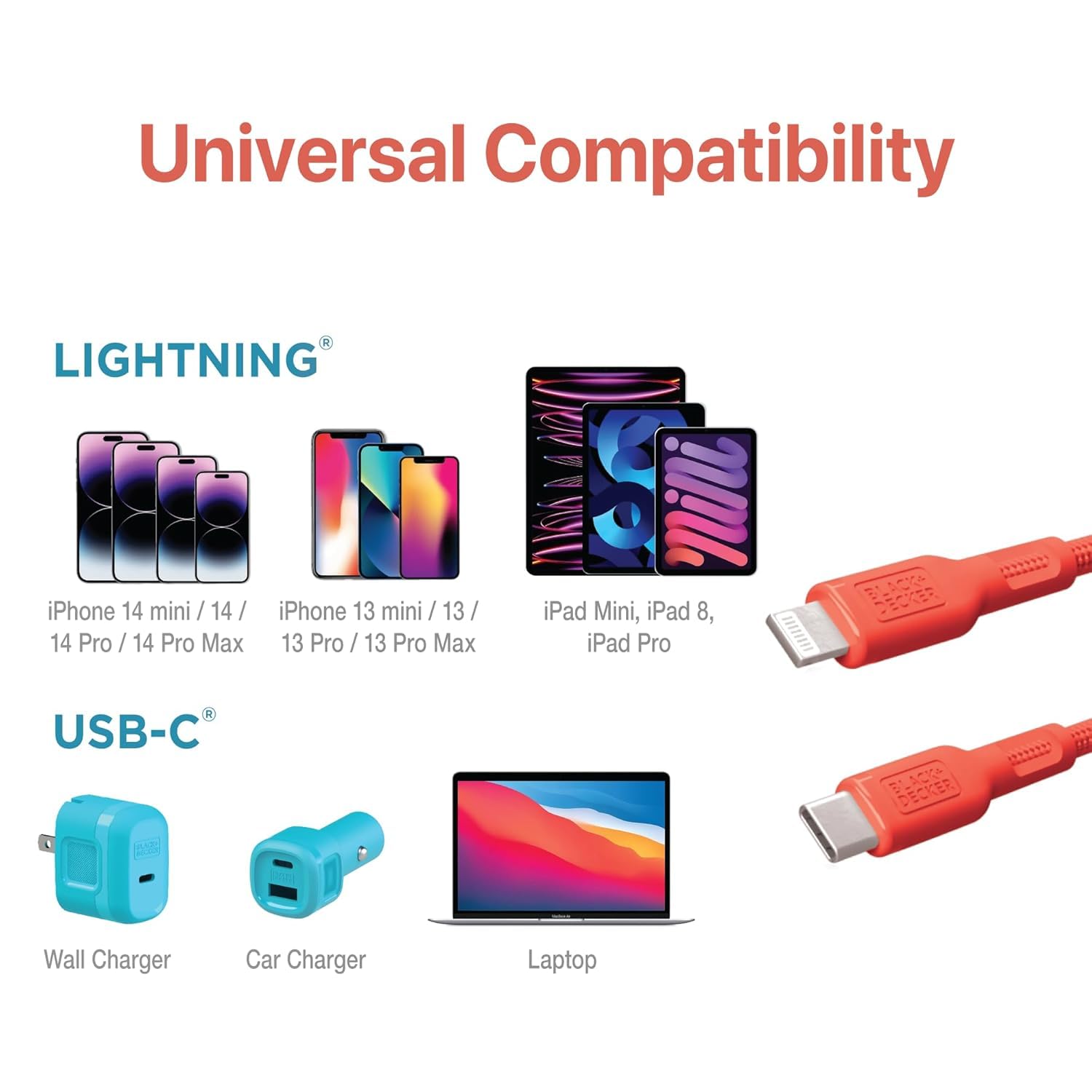 BLACK+DECKER USB C to Lightning Cable - Fast Compatible iPhone Lightning Cable - Durable Braided Type C iPhone Charger Cord - for Travel and Daily Use - Multiple Colors and Lengths - 3ft