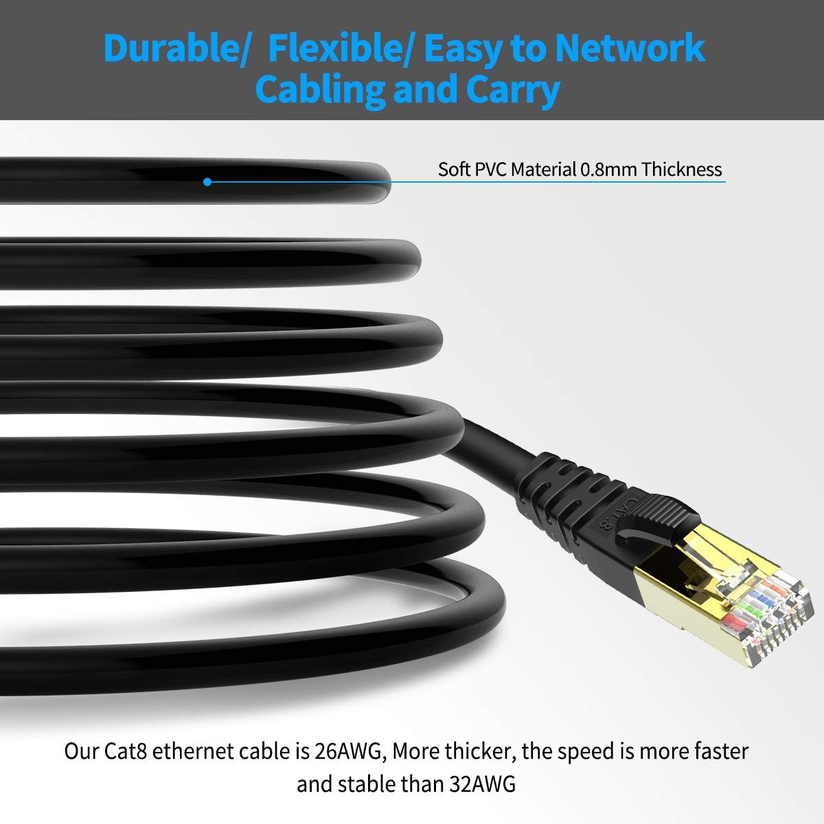 KASIMO CAT 8 Ethernet Cable 1 Feet, 10 Pack Black Shielded SFTP Internet Network Patch Cord, Heavy Duty High Speed LAN Cables w Gold Plated RJ45 Connector Professional for Router, Modem, Gaming