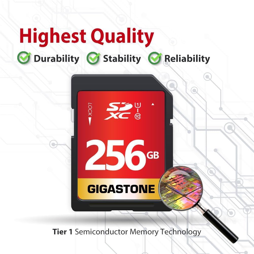 Gigastone 256GB SD Card UHS-I U1 Class 10 SDXC Memory Card High Speed Full HD Video Canon Kodak Olympus Digital Camera, with 1 mini case