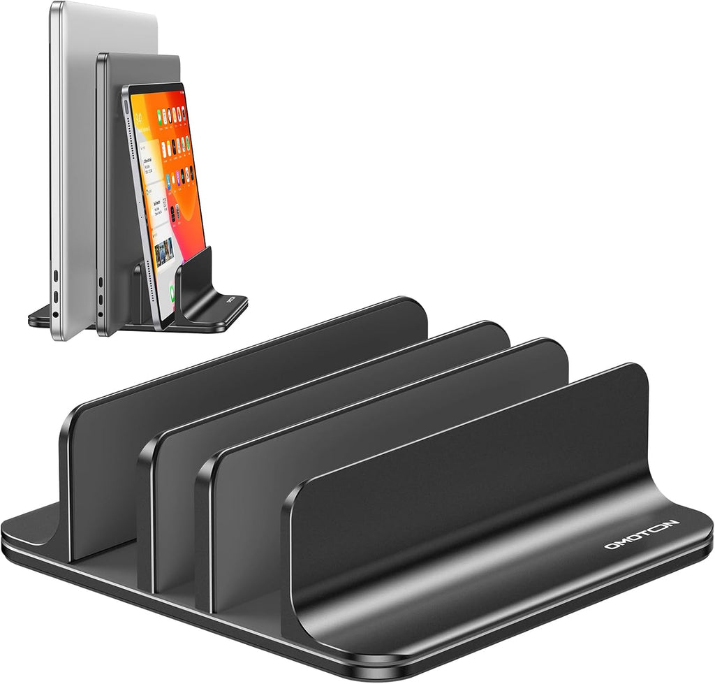 OMOTON 3-Slot Vertical Laptop Stand, Desktop Aluminum Stand for MacBook with Adjustable Dock Size, Fits All MacBook, Surface, Chromebook and Gaming Laptops (Up to 17.3 inches), Black