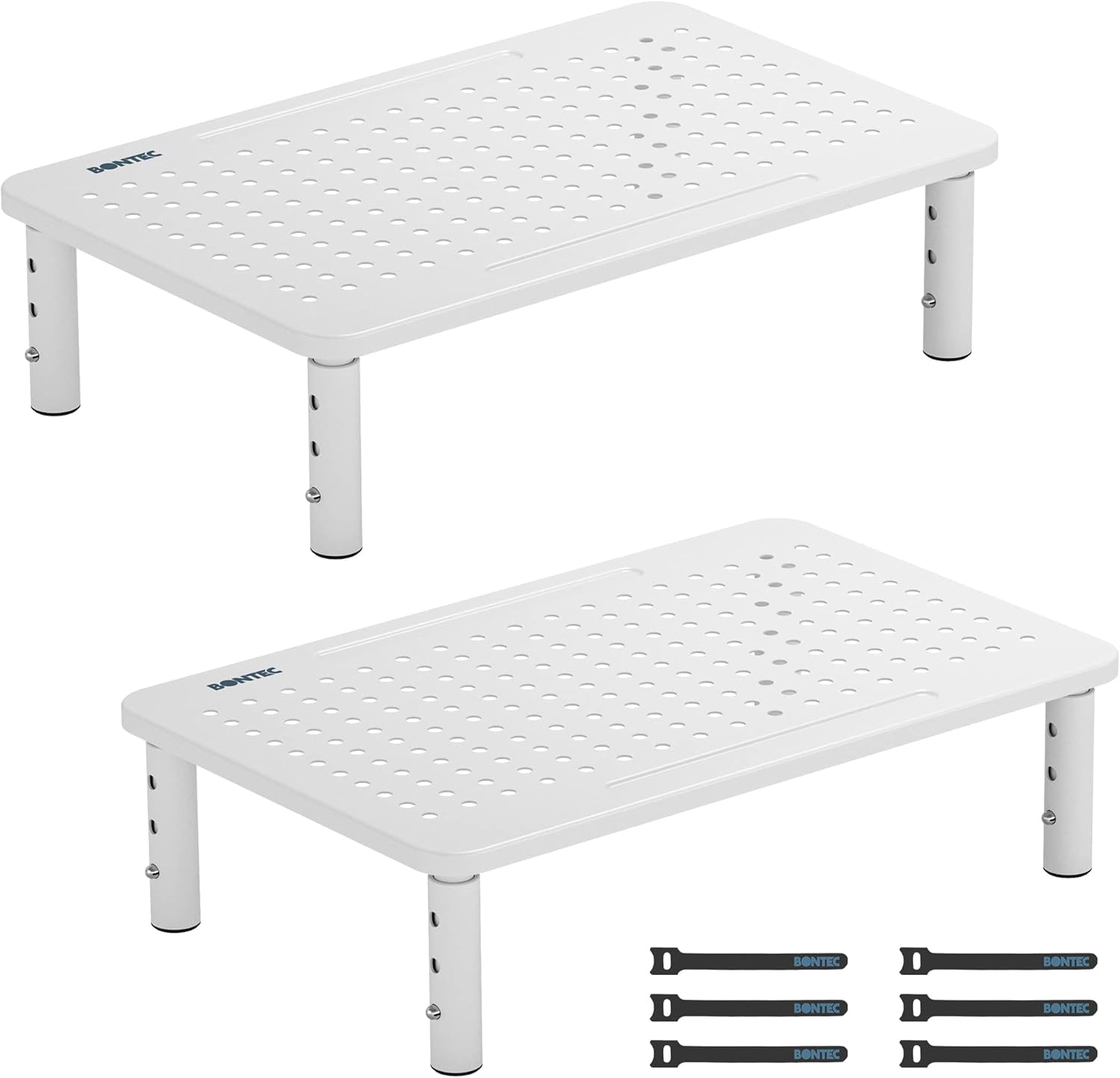 BONTEC 2 Pack 3 Height Adjustable Monitor Stand Riser with Pen Holder, Ergonomic Metal Laptop Stand with Cable Management, Desktop Stand for Computer, Printer, Monitor, Laptop, Black Steel, 14.5 in