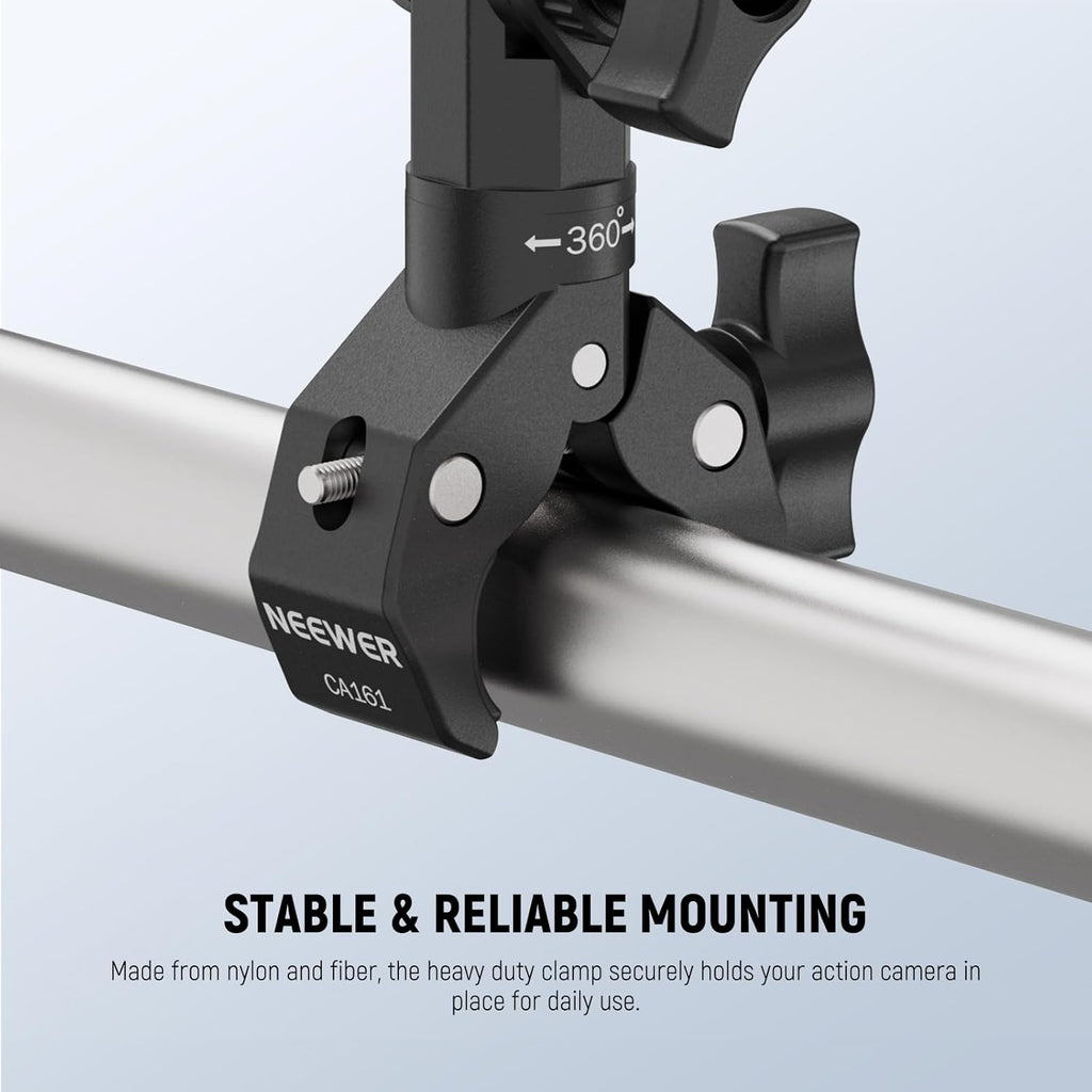 NEEWER Motorcycle Bike Handlebar Clamp Mount, Heavy Duty Clip Holder, 1/4" Screw & 3 Prong Adapter Compatible with Insta360 X5 X4 GoPro Hero 13 12 POV Video Recording, 360° Rotation & 270° Tilt, CA161