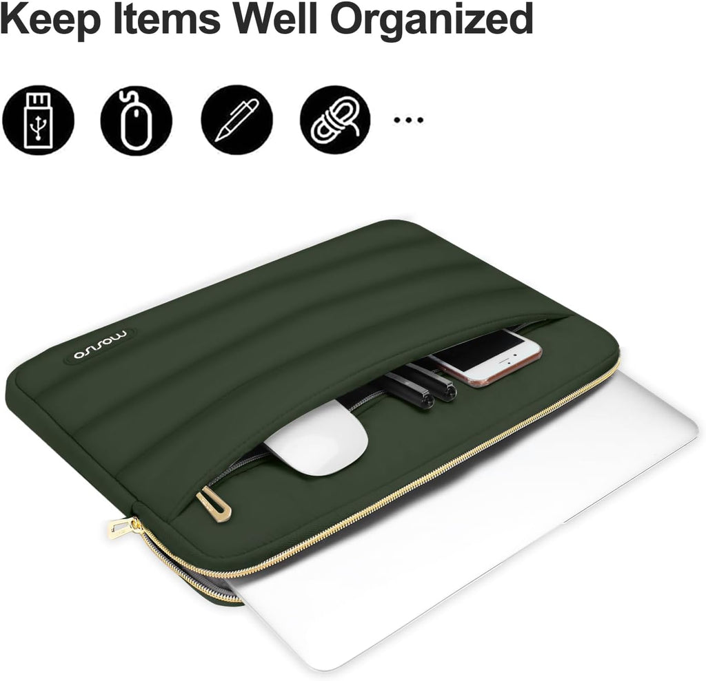 MOSISO 13.3 inch Laptop Case, 13-13.3 inch Puffy Laptop Sleeve Compatible with MacBook Air 13 13.6 M4 M3 M2 M1/Pro 13/Pro 14, HP Dell ASUS Lenovo,Polyester Horizontal Bag with Small Case, Army Green