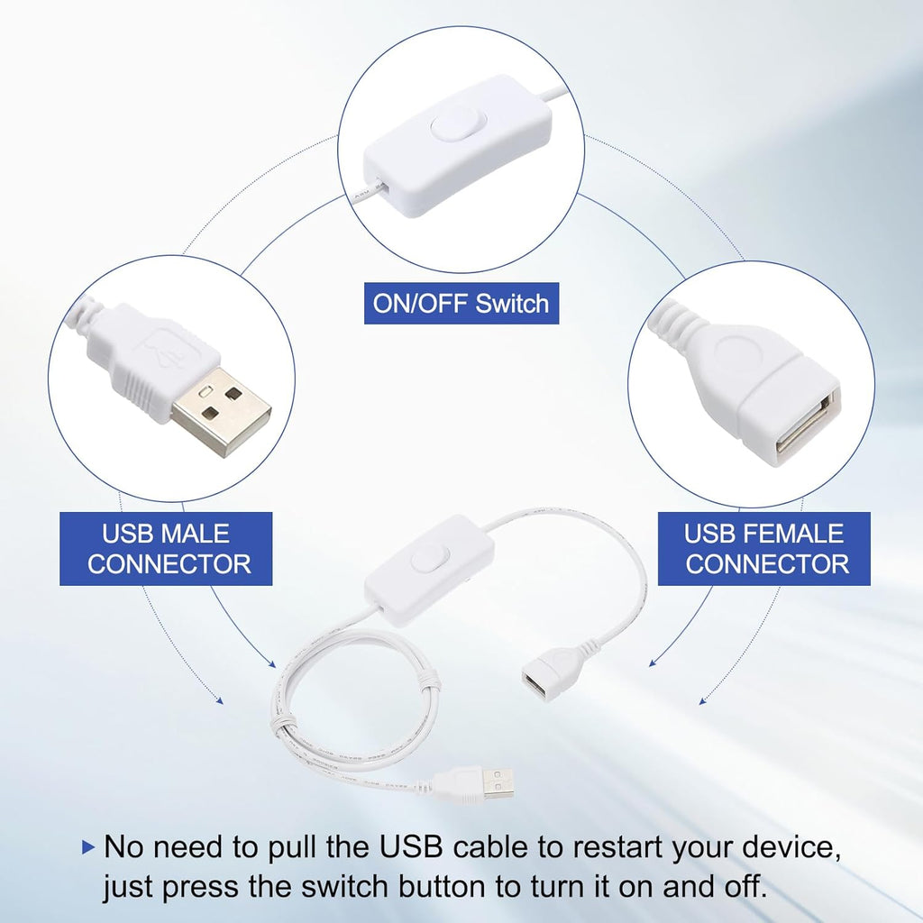 MECCANIXITY USB Extension Cable with ON/Off Toggle Switch 1m USB Male to Female Extension Cord for Desk Lamp Fan LED Light Strip White Pack of 1